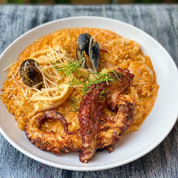 Seafood risotto with grilled octopus, mussels, calamari, shrimp, parmesan, and microgreens on a white plate.
