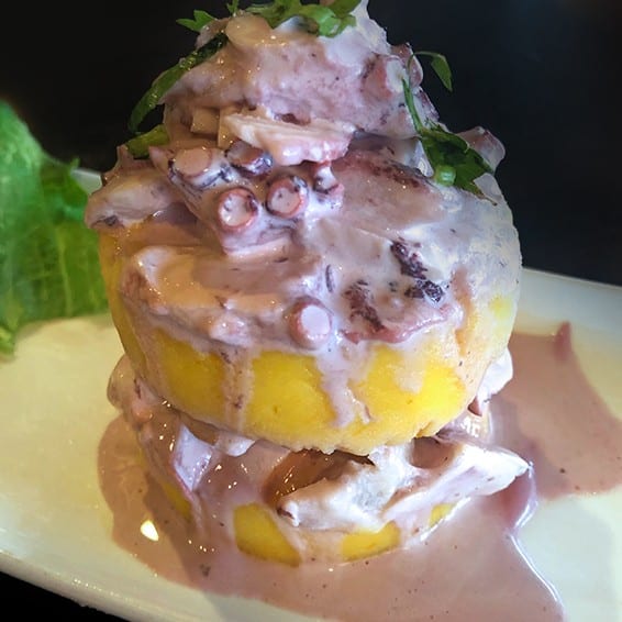 Causa Pulpo Al Olivo / Octopus with Olive Sauce.
